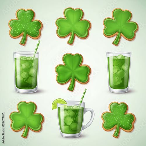 Shamrock cookies and green drinks in festive design with ice  