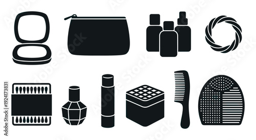 Set of black cosmetic and beauty icons featuring various personal care items like a makeup bag, lipstick, perfume, and comb, presented in a clean minimalist glyph style