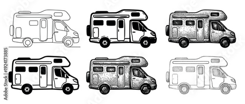 Set of six motorhome illustrations in various artistic styles including line art, engraving, woodcut, bold silhouette, and dotted outline for creative design