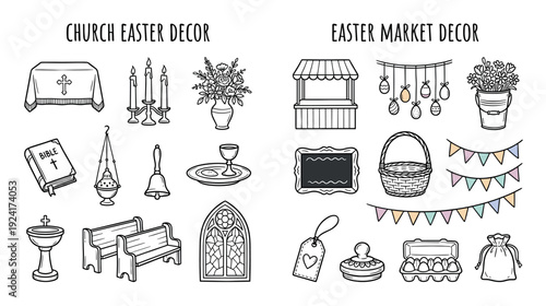 Collection of hand-drawn Easter illustrations featuring religious church symbols and festive market decorations in a cute, simple black and white doodle style
