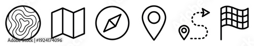 Set of black line art icons for navigation and travel, featuring a topographic map, folded chart, compass, location pin, dotted route, and a checkered finish flag