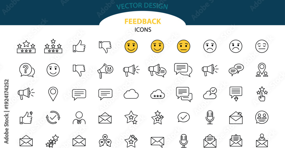 Fototapeta Vector collection of feedback and rating line icons including emojis, stars, comments, likes, messages and customer review symbols