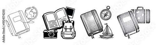 Collection of black and white travel-themed icons in diverse artistic styles like line art, engraving, and stippling, showing a globe, camera, compass, notebook, and suitcase
