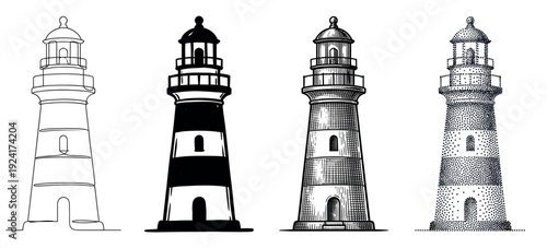 Four lighthouse illustrations in various artistic styles including continuous line drawing, silhouette, vintage engraving, and stippling dotwork for a nautical theme