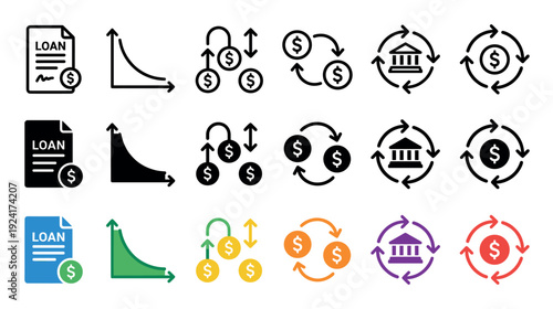 Set of finance and banking icons in line, glyph, and color styles, illustrating concepts of loans, money exchange, cash flow, bank transactions, and economic decline