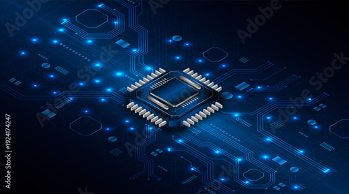 Microchip processor circuit board technology on dark blue background. Information Processing Concept. Circuit board hi-tech technology background. vector illustration