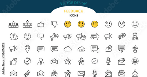 Vector collection of feedback and rating line icons including emojis, stars, comments, likes, messages and customer review symbols