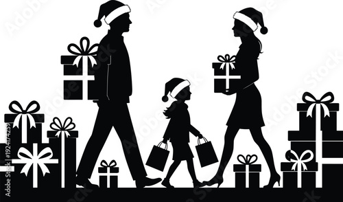 Christmas shopping family silhouette, parents and child with Santa hats carrying gifts isolated on white background holiday vector illustration