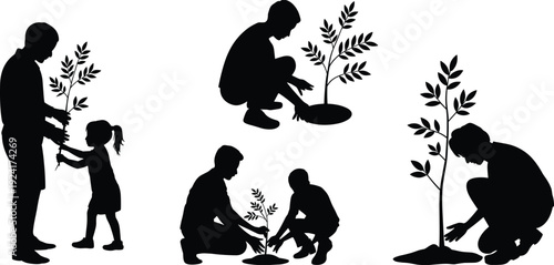 Vector illustration of people planting trees, adults and children silhouettes working together, environmental care, ecology, sustainability, teamwork, nature stewardship, conservation artwork design