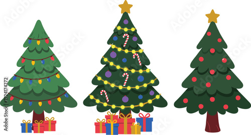 Christmas Tree Collection Vector Illustration, Decorated Evergreen Trees with Lights Ornaments and Gifts, Festive Holiday Season Design Isolated on White Background