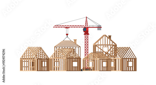 A red tower crane lowers a wooden timber house frame into a row of unfinished residential structures against a solid white background.