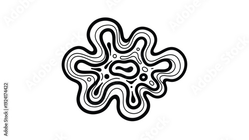 Abstract black and white organic blob featuring concentric wavy lines and circular dots, presented in a modern and artistic linework style.