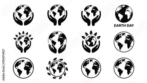 Earth day silhouettes eco friendly icons globe illustrations environmental symbols sustainable graphics earth protection conservation eco icons green day