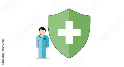 A male medical professional in blue scrubs with a stethoscope stands beside a large green shield with a white cross on a white background.