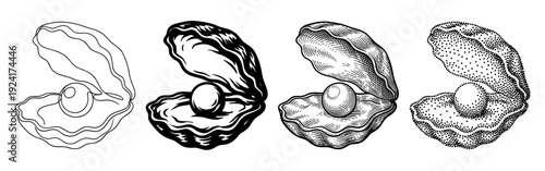 Set of four black oyster illustrations with a pearl inside, showcasing different artistic styles including line art, high contrast graphic, detailed engraving, and stippling