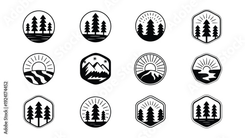 Earth day logos with trees mountains and sunsets for eco friendly designs and sustainable branding