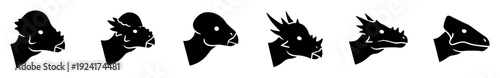 Set of six black dinosaur head silhouettes in a minimalist graphic style, showcasing various species with different crests, horns, and shapes for iconic representation