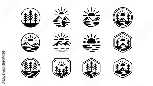 Earth day logos with mountains trees and sunsets for eco friendly branding and sustainable design