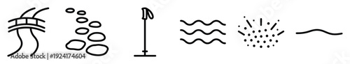 Set of six black line art icons for hiking and nature, featuring a bridge, stones, trekking pole, waves, and splash in a minimalist hand-drawn doodle style
