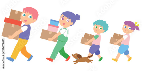 家族4人で荷物を運んでいるイラスト