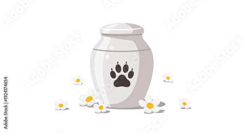 A white ceramic pet cremation urn with a black paw print sits surrounded by small white daisy flowers against a plain white background.