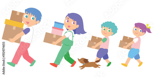 家族4人で荷物を運んでいるイラスト