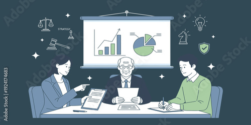 Three professionals analyzing data on a projector screen in a meeting