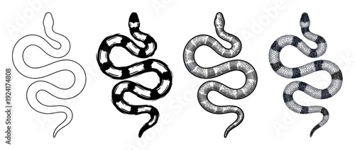 Collection of four black snake illustrations displays different graphic styles including simple outline, rough brushstroke, detailed engraving, and dotwork stippling