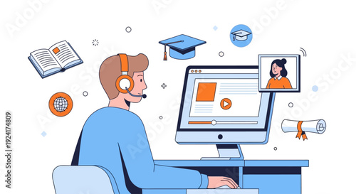 A man wearing a headset sits at a desk with a computer, surrounded by icons representing online education and communication