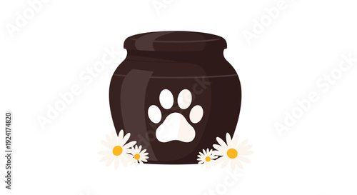 A dark brown pet cremation urn with a large white paw print is decorated with white daisy flowers at its base against a white background.