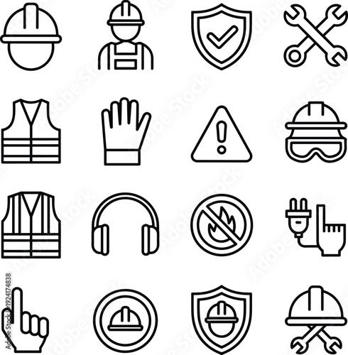 Construction Safety Line Icon Set, Hard Hat, Protective Gear and Warning Symbols Collection, Industrial Outline Illustration Isolated on White Background