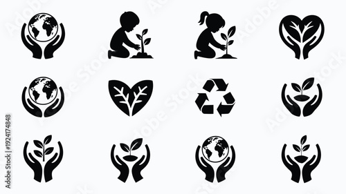 Minimalist eco friendly silhouettes collection black icons on white background symbolizing environmental conservation and sustainability