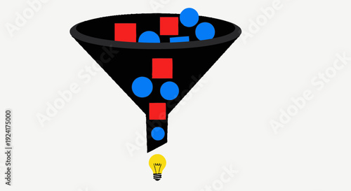Selection process illustration showing diverse shapes and colors being filtered through a funnel, narrowing down to a single idea represented by a lightbulb.