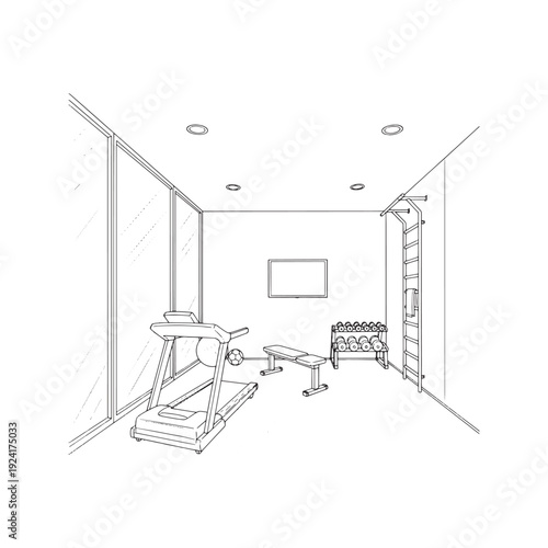 Home Gym Fitness Room Interior Sketch Black and White Coloring Page Vector Illustration
