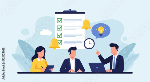 Business professionals collaborating at a meeting with laptops and documents under a clock and checklist icons