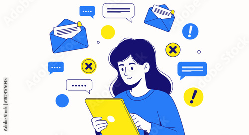 A young woman holding a tablet surrounded by floating messages and notifications in a digital communication scene viewed from the front