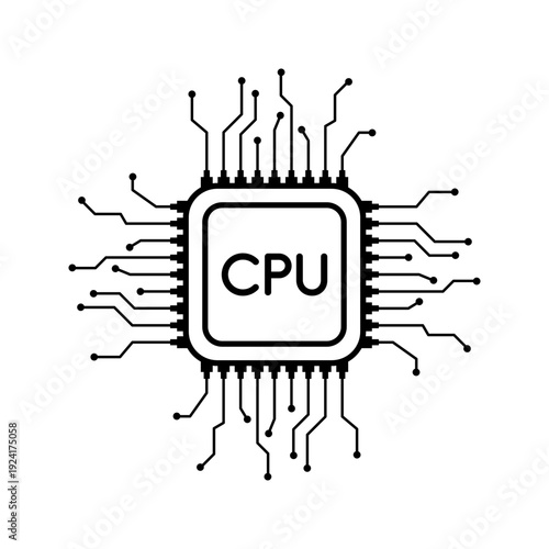 Microchip Line Icon Vector, CPU Central Processing Unit Computer Processor Symbol
