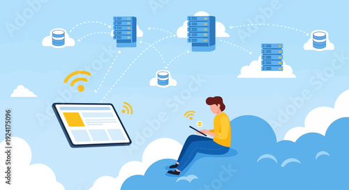 Woman accessing cloud databases on a tablet while sitting on a cloud, surrounded by Wi-Fi signals and data servers