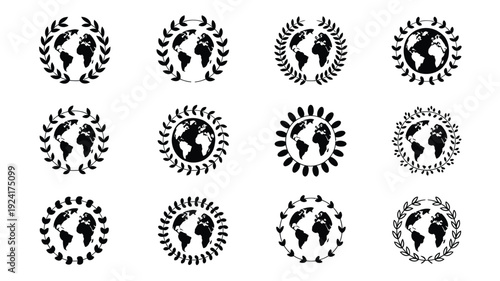 Earth day logo collection twelve black and white icons featuring globe with leaves sunburst and wreath designs on white background eco friendly symbols for environmental conservation