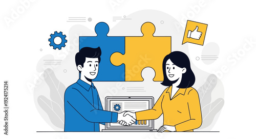 Two professionals shaking hands over a laptop with puzzle pieces and icons in the background symbolizing collaboration and agreement