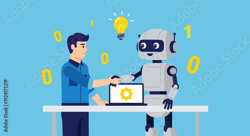 Man interacting with robot at table with laptop and binary code surrounding them in a digital environment from a straight-on viewpoint