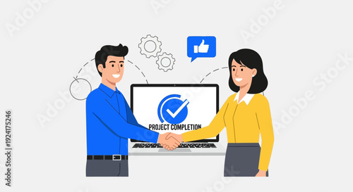 Two professionals shaking hands over a laptop with a project completion checkmark on the screen in a collaborative office environment