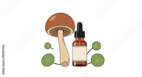 A large brown mushroom with a thick stem stands beside an amber glass dropper bottle with a blank label and several round green leaves on white.