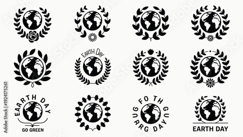 Collection of twelve earth day logos and icons in black on white background eco friendly symbols for environmental awareness and conservation