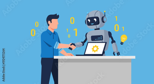Man interacting with robot at counter, robot using laptop, modern scene, digital workplace, futuristic illustration
