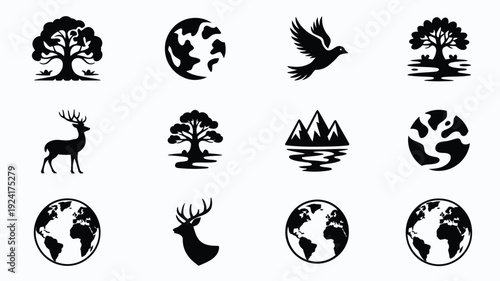 Earth day minimalist icons collection black silhouettes of trees animals and globe on white background for eco friendly concepts and sustainable living ideas