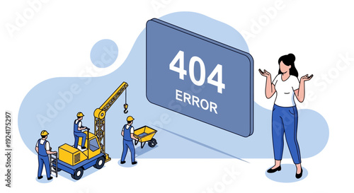 Workers repairing a large digital display showing a 404 error message on a modern urban street with a crane and vehicles nearby