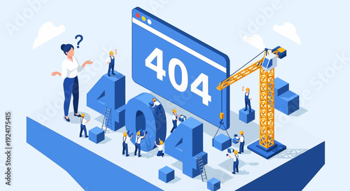 Isometric illustration of people working around a large 404 error screen on a construction site with a crane
