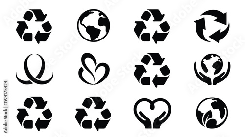 Collection of 12 modern earth day recycling symbols and eco friendly icons in black on white background