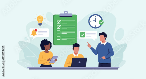 Colleagues collaborating on a project with a checklist and clock in the background